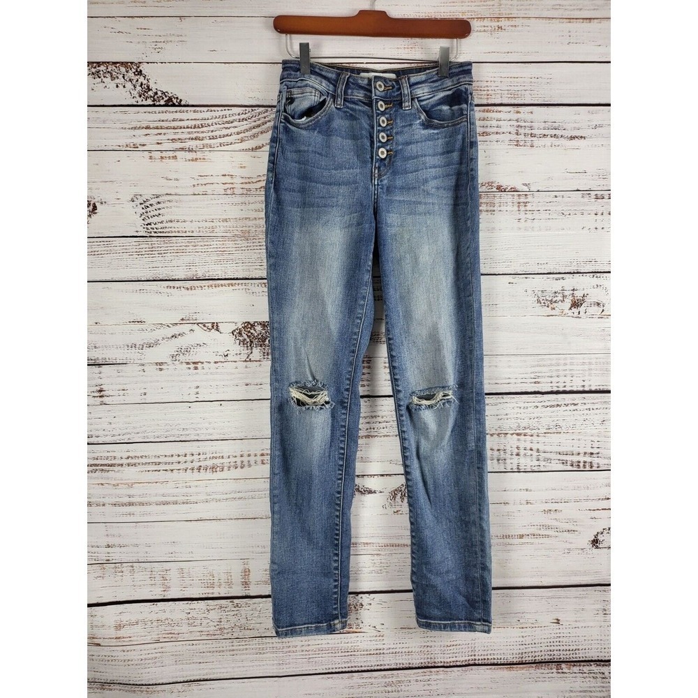 Kancan Button Fly Jeans 7/27 Womens Distressed Skinny Leg Stretchy High Rise